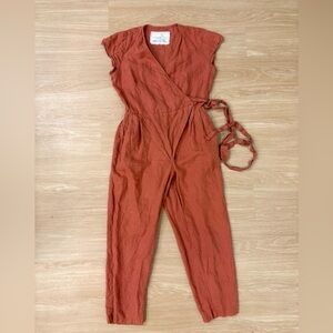 notPERFECTLINEN Wrap Jumpsuit Rust 100% Linen M/L Short Sleeve Tie Waist